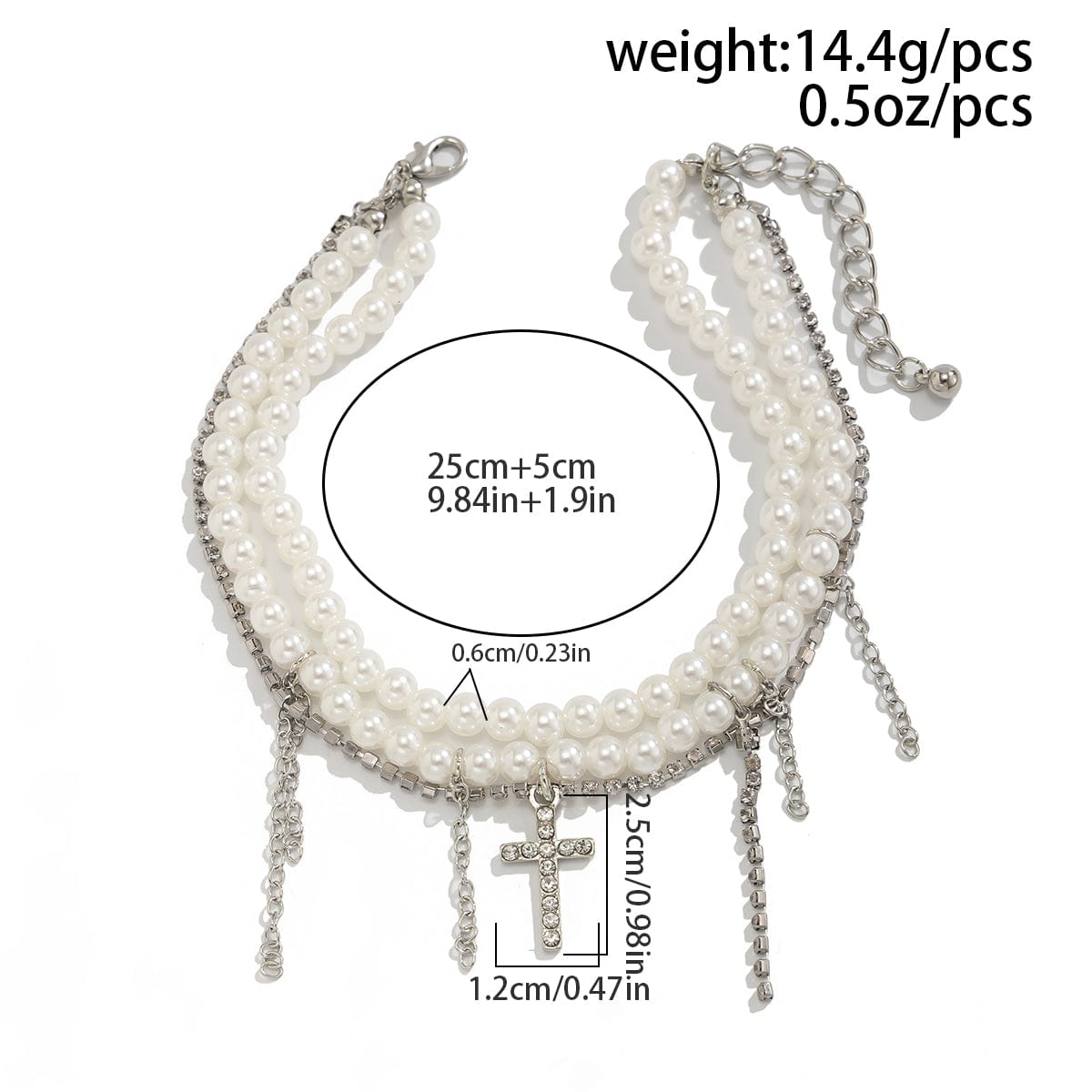 Trendy Layered Rhinestone Inlaid Cross Tassel Pearl Chain Anklet - ArtGalleryZen