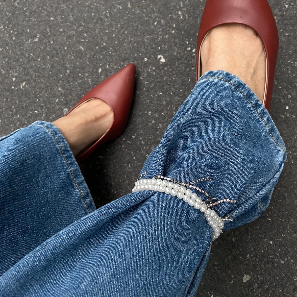 Trendy Layered Rhinestone Inlaid Cross Tassel Pearl Chain Anklet - ArtGalleryZen