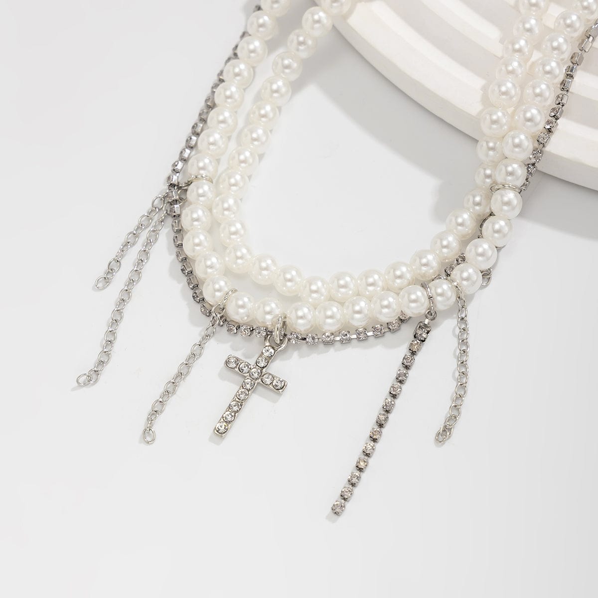 Trendy Layered Rhinestone Inlaid Cross Tassel Pearl Chain Anklet - ArtGalleryZen