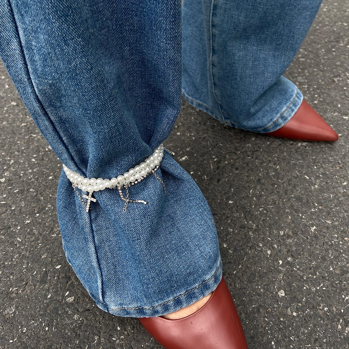 Trendy Layered Rhinestone Inlaid Cross Tassel Pearl Chain Anklet - ArtGalleryZen