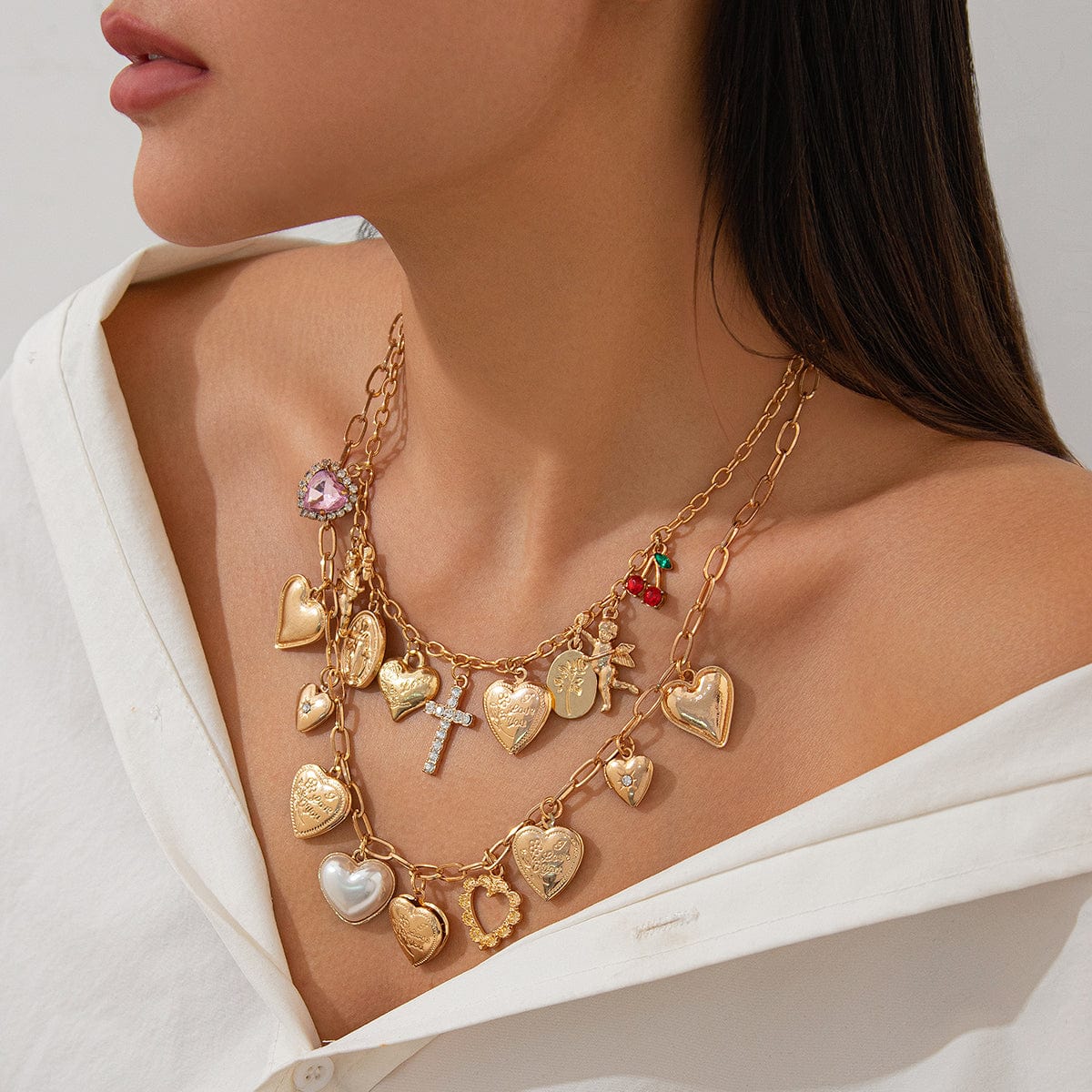 Trendy Layered Rhinestone Pearl Inlaid Heart Cross Pendant Necklace Set - ArtGalleryZen