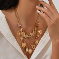 Thumbnail for Trendy Layered Rhinestone Pearl Inlaid Heart Cross Pendant Necklace Set - ArtGalleryZen