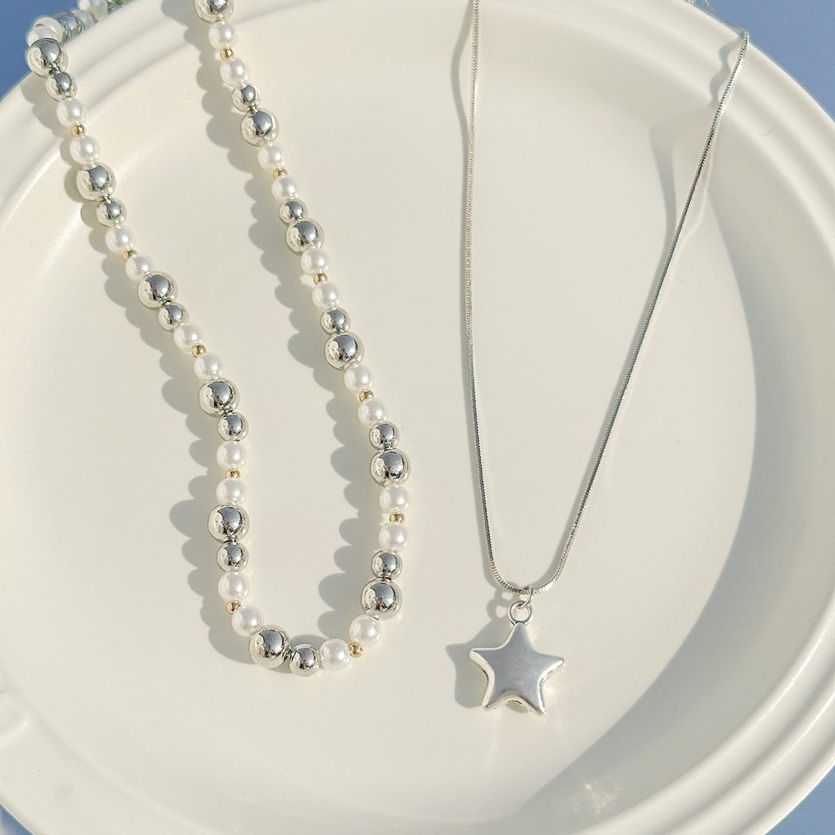 Trendy Layered Starry Pendant Ball Chain Necklace Set - ArtGalleryZen