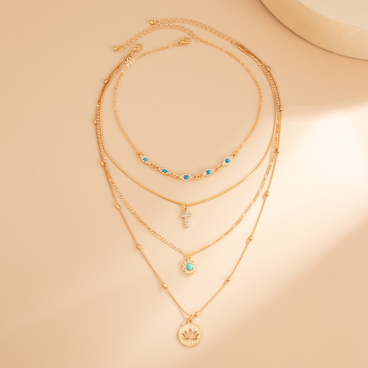 Trendy Layered Turquoise Inlaid Lotus Round Disk Cross Pendant Necklace Set - ArtGalleryZen
