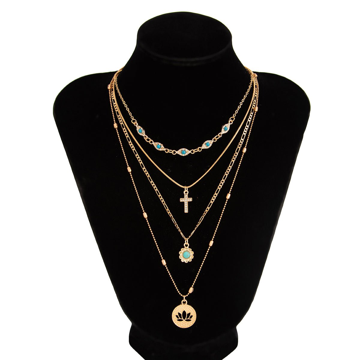 Trendy Layered Turquoise Inlaid Lotus Round Disk Cross Pendant Necklace Set - ArtGalleryZen