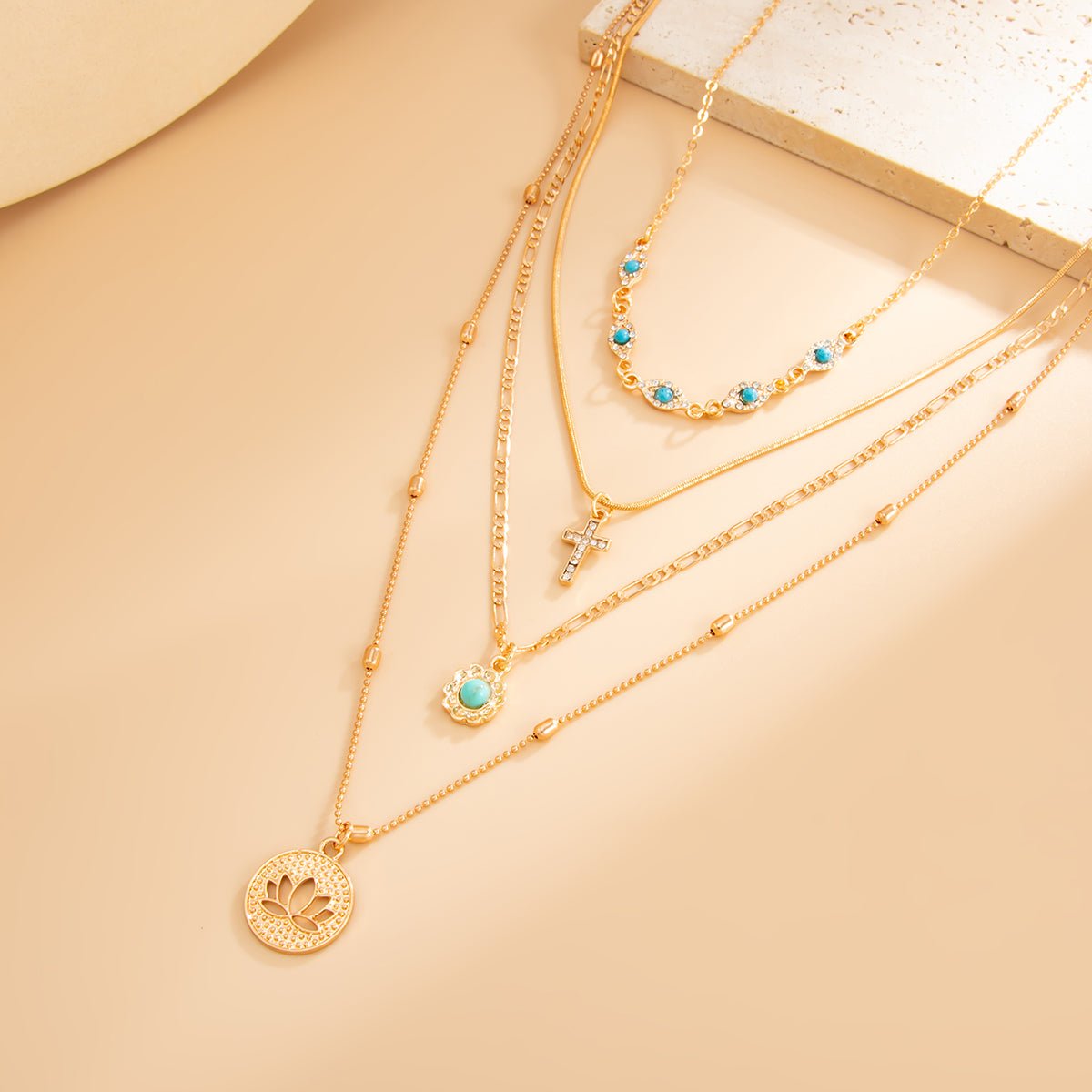 Trendy Layered Turquoise Inlaid Lotus Round Disk Cross Pendant Necklace Set - ArtGalleryZen