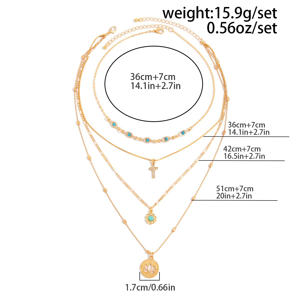 Trendy Layered Turquoise Inlaid Lotus Round Disk Cross Pendant Necklace Set - ArtGalleryZen