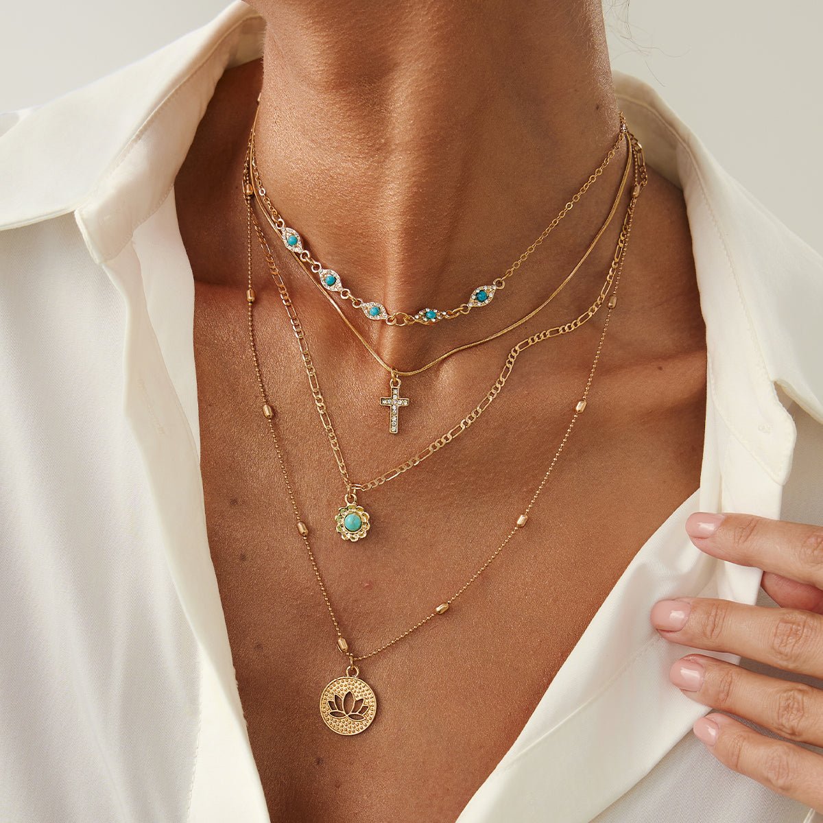 Trendy Layered Turquoise Inlaid Lotus Round Disk Cross Pendant Necklace Set - ArtGalleryZen