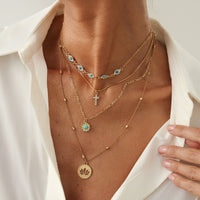 Thumbnail for Trendy Layered Turquoise Inlaid Lotus Round Disk Cross Pendant Necklace Set - ArtGalleryZen
