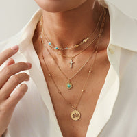 Thumbnail for Trendy Layered Turquoise Inlaid Lotus Round Disk Cross Pendant Necklace Set - ArtGalleryZen