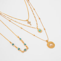 Thumbnail for Trendy Layered Turquoise Inlaid Lotus Round Disk Cross Pendant Necklace Set - ArtGalleryZen