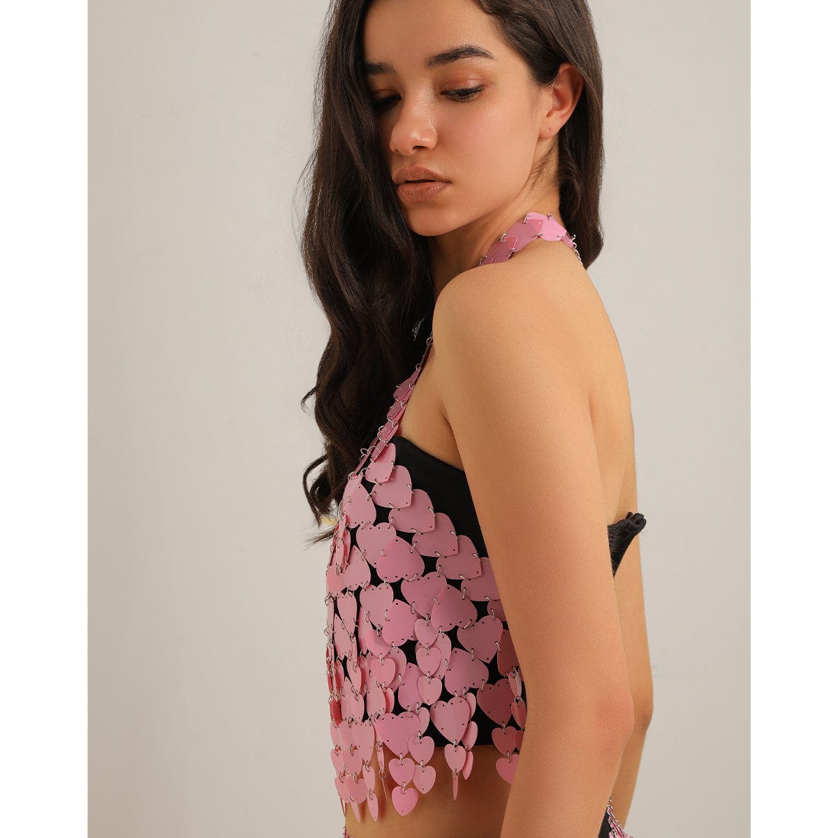 Trendy Pink Lingerie Halter Top Backless Glitter Heart Sequins Bra - ArtGalleryZen