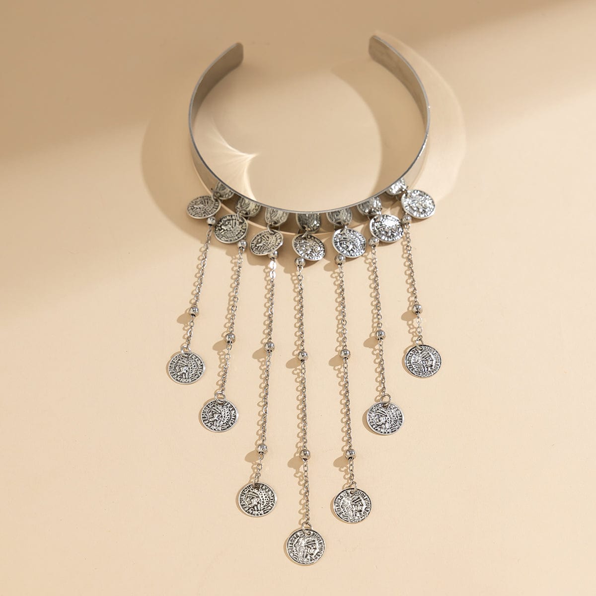 Trendy Relief Coin Tassel Saturn Chain Open Arm Cuff - ArtGalleryZen