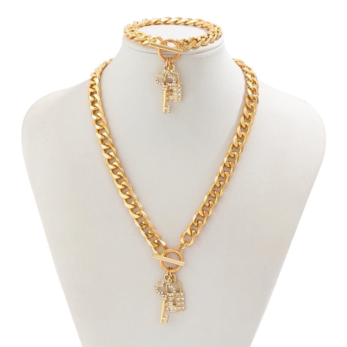 Trendy Toggle Clasp CZ Inlaid Lock Key Pendant Curb Chain Necklace Bracelet Set - ArtGalleryZen