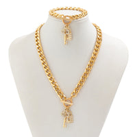 Thumbnail for Trendy Toggle Clasp CZ Inlaid Lock Key Pendant Curb Chain Necklace Bracelet Set - ArtGalleryZen