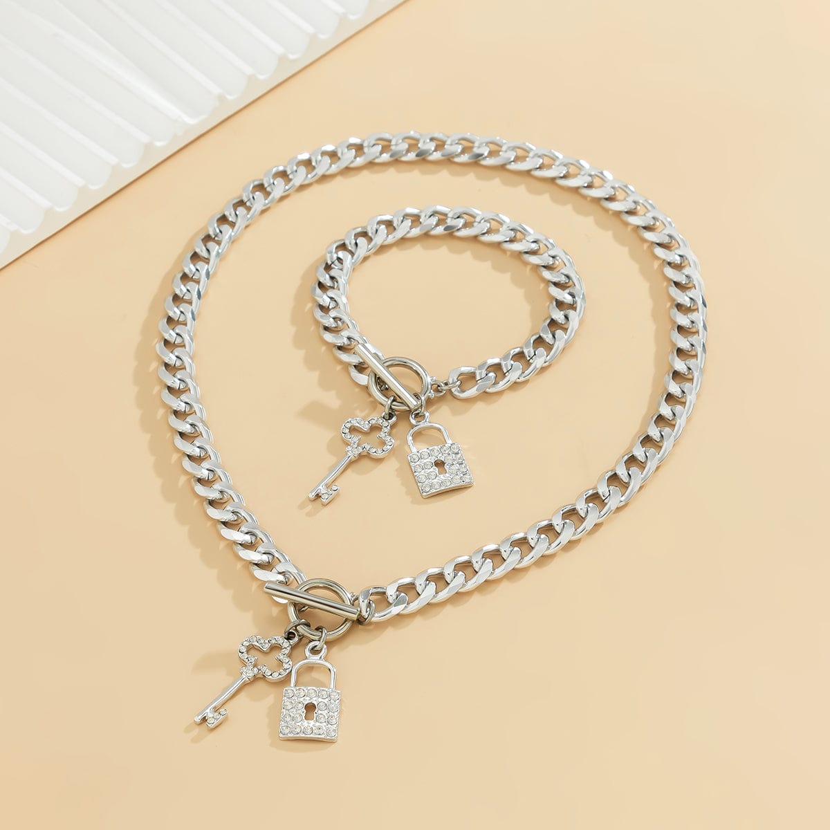 Trendy Toggle Clasp CZ Inlaid Lock Key Pendant Curb Chain Necklace Bracelet Set - ArtGalleryZen