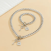 Thumbnail for Trendy Toggle Clasp CZ Inlaid Lock Key Pendant Curb Chain Necklace Bracelet Set - ArtGalleryZen