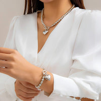 Thumbnail for Trendy Toggle Clasp Heart Pendant Ball Chain Bracelet Necklace Set - ArtGalleryZen