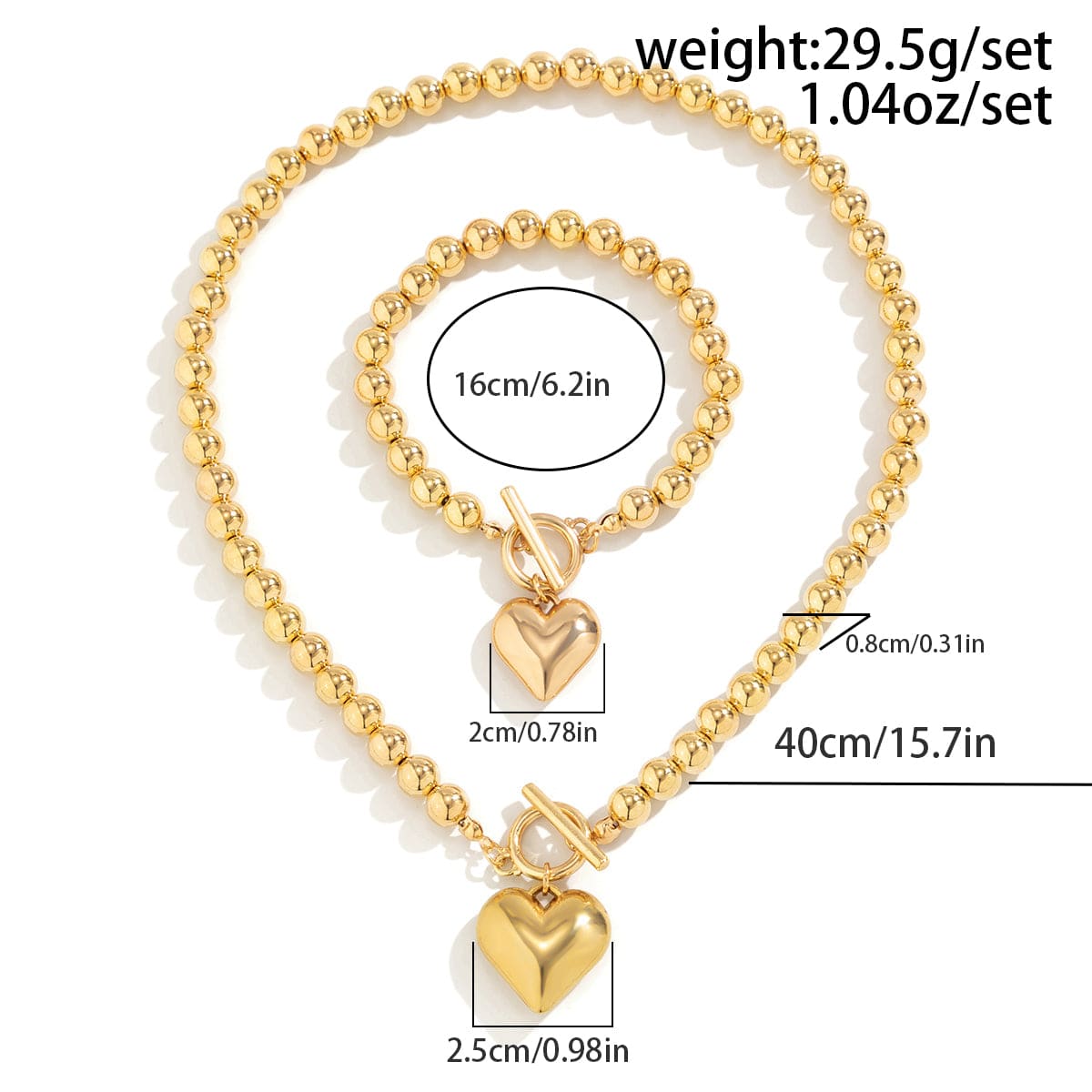 Trendy Toggle Clasp Heart Pendant Ball Chain Bracelet Necklace Set - ArtGalleryZen