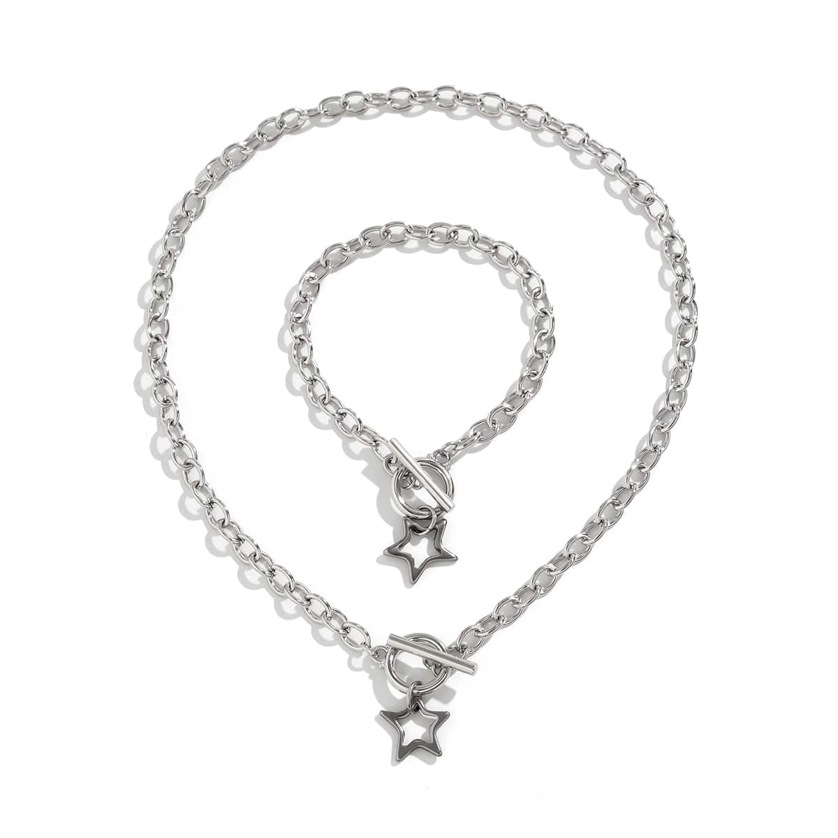 Trendy Toggle Clasp Hollow Star Pendant Cable Chain Necklace Bracelet Set - ArtGalleryZen
