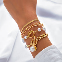 Thumbnail for Trendy Toggle Clasp Round Disk Pearl Chain Stackable Bracelet Set - ArtGalleryZen