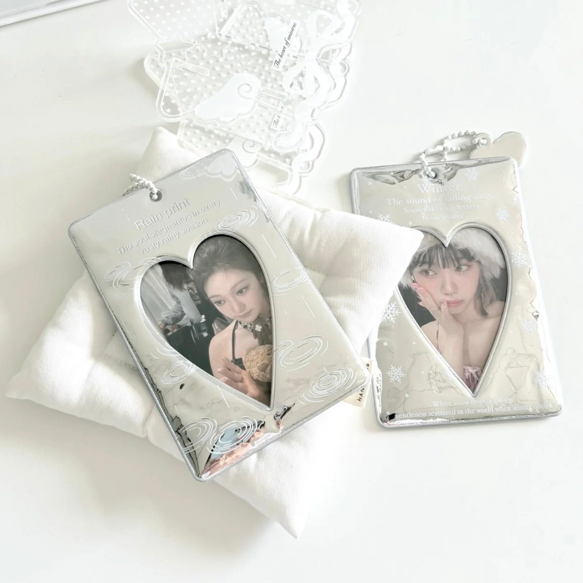Winter Rain Heart Silver Tone Mirror Kpop Keychain Photocard Holder - ArtGalleryZen