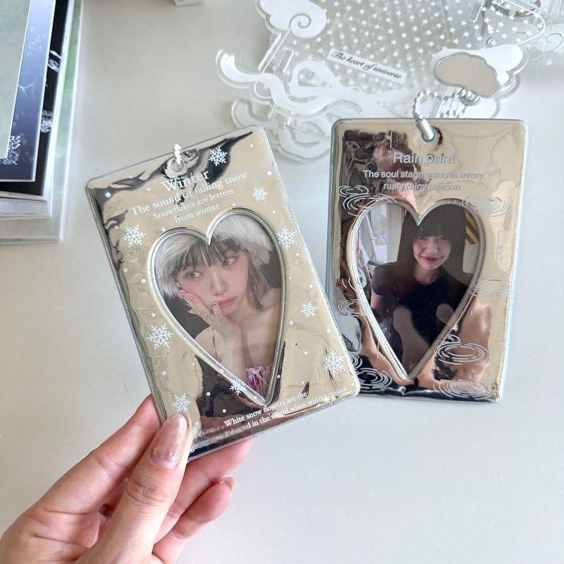 Winter Rain Heart Silver Tone Mirror Kpop Keychain Photocard Holder - ArtGalleryZen