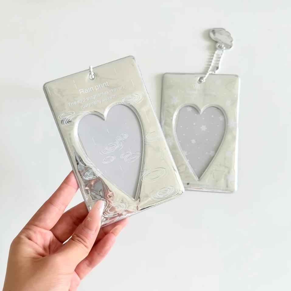 Winter Rain Heart Silver Tone Mirror Kpop Keychain Photocard Holder - ArtGalleryZen