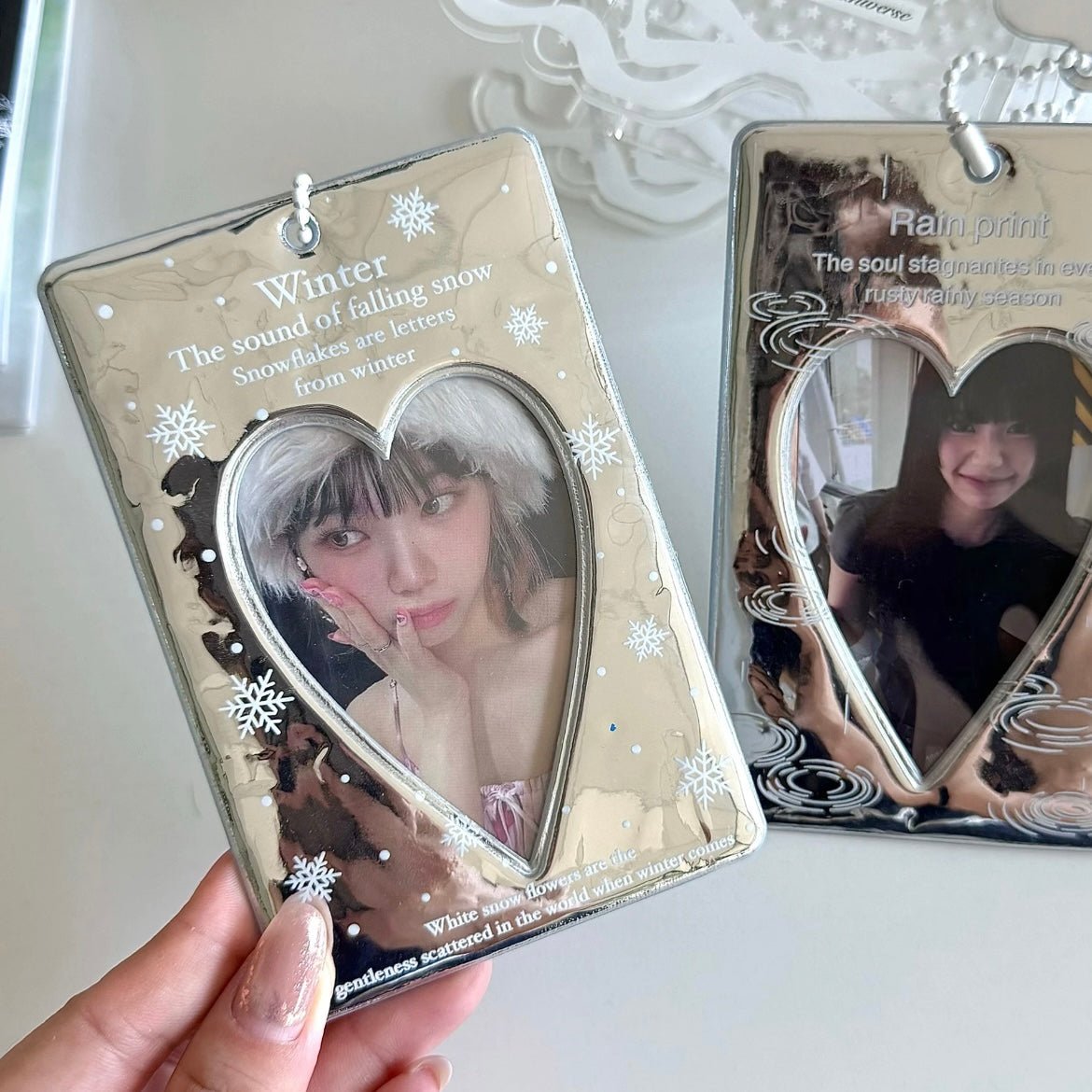 Winter Rain Heart Silver Tone Mirror Kpop Keychain Photocard Holder - ArtGalleryZen