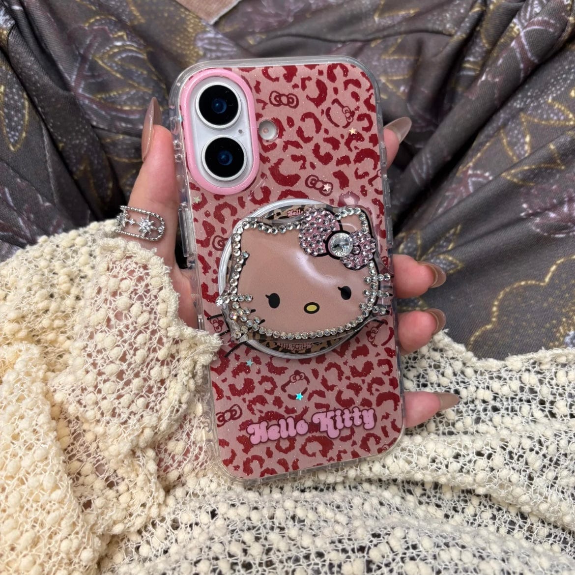 Y2K Leopard Hello Kitty Rhinestone Magnetic Stand iPhone Case - ArtGalleryZen