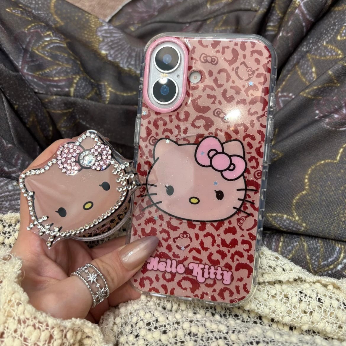 Y2K Leopard Hello Kitty Rhinestone Magnetic Stand iPhone Case - ArtGalleryZen