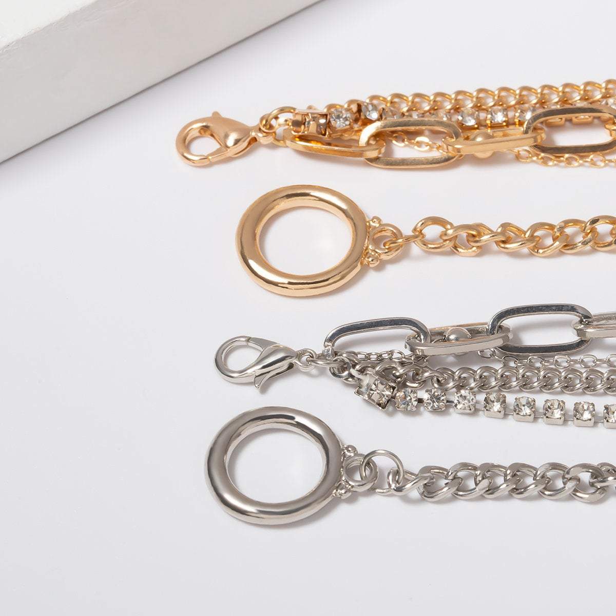 2 PCS Chic Layered Gold Silver Tone Curb Link Chain Bracelet Set - ArtGalleryZen