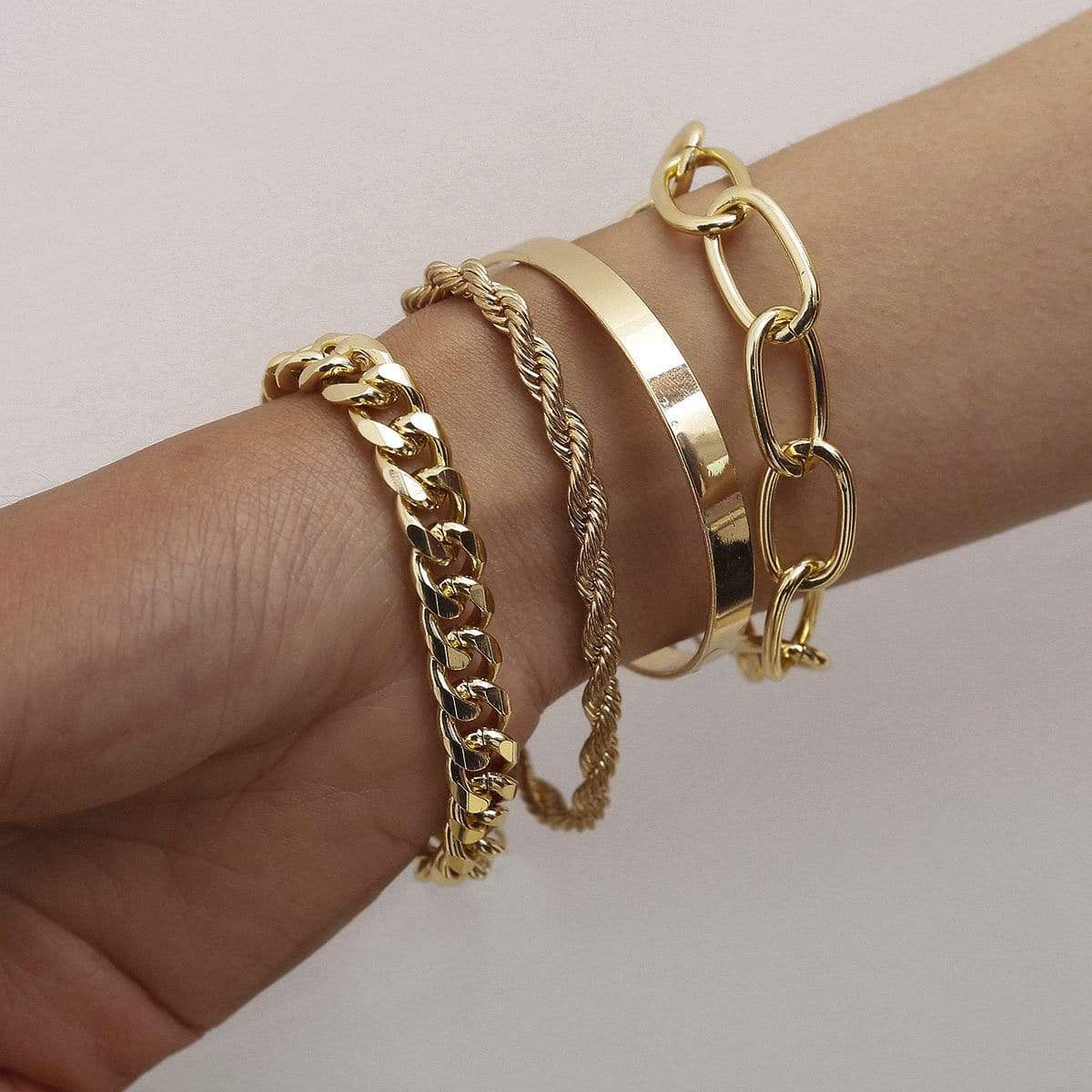 4 Pcs Gold Silver Tone Adjustable Curb Link Rope Chain Bangle Bracelet Set - ArtGalleryZen