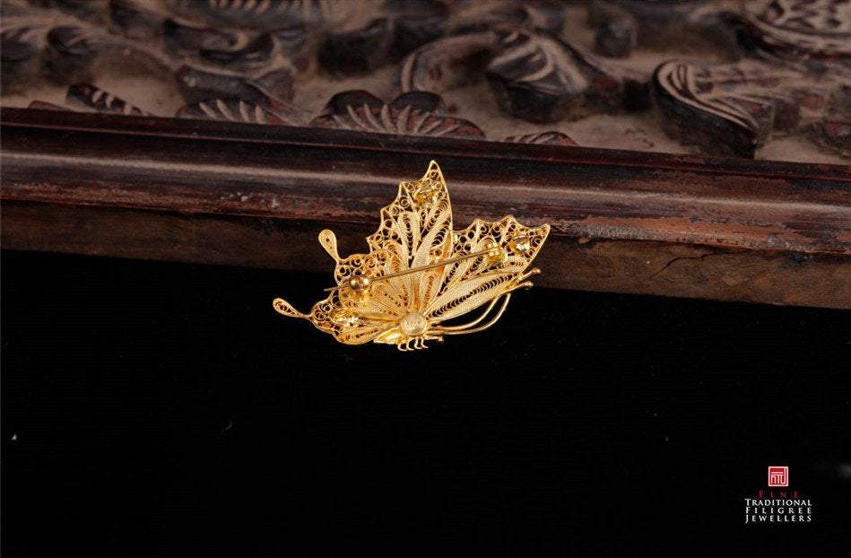 Antique 24K Gold Plated Sterling Silver Butterfly Brooch - ArtGalleryZen