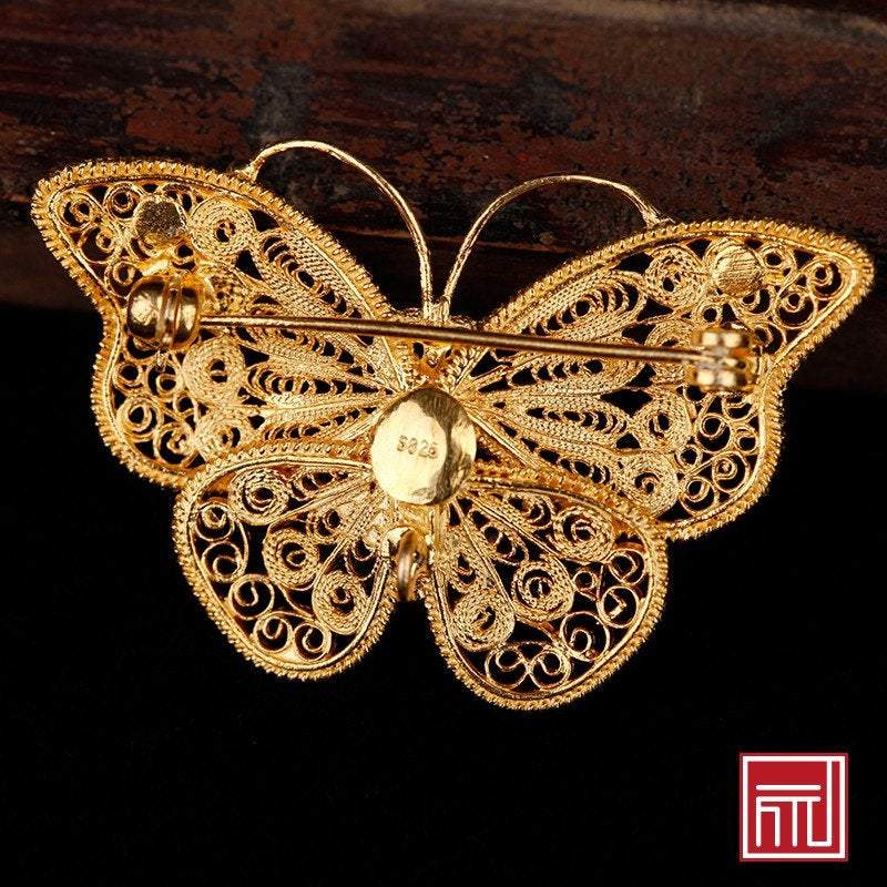Antique 24K Gold Plated Sterling Silver Filaments Butterfly Brooch - ArtGalleryZen