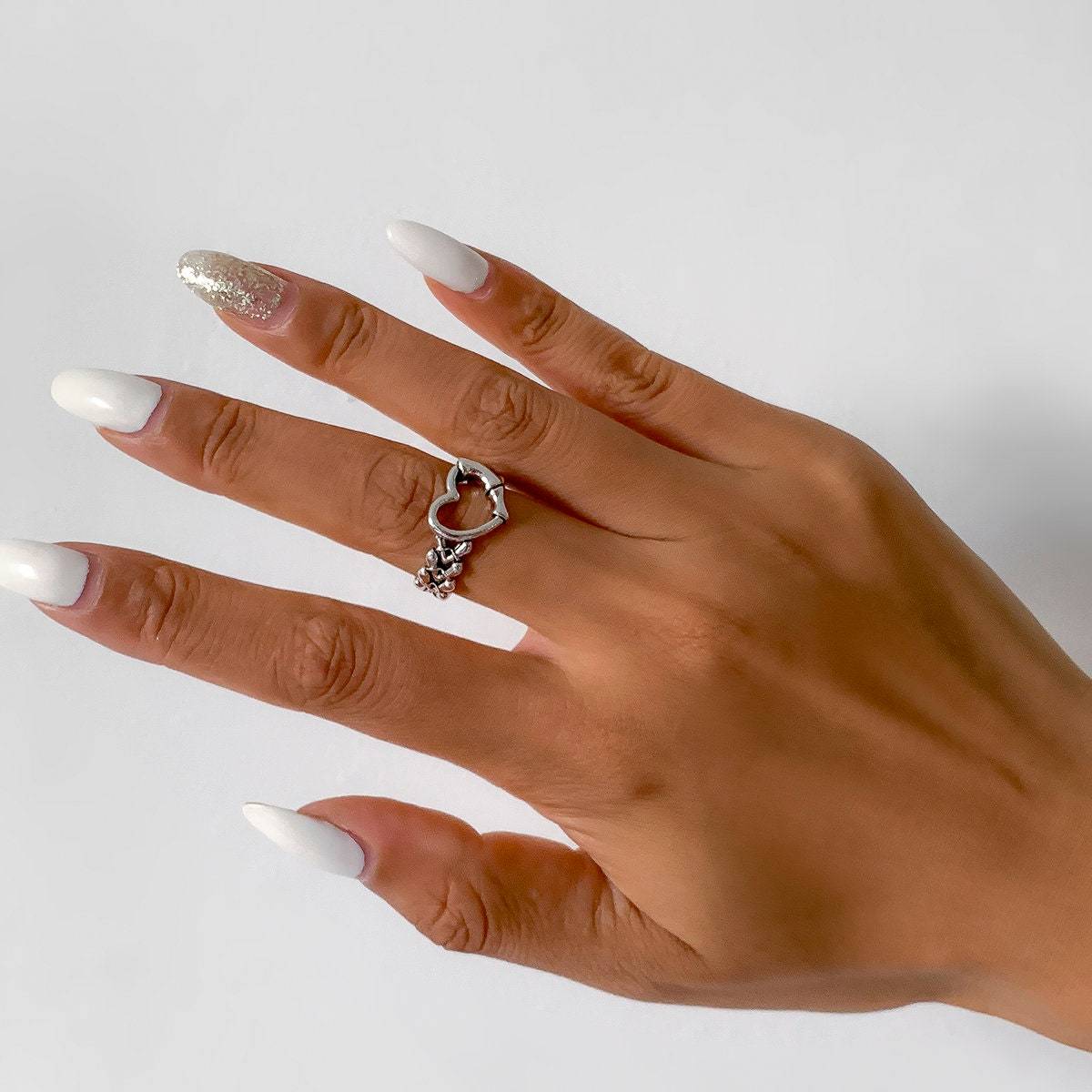 Antique Silver Tone Bamboo Shaped Heart Ring - ArtGalleryZen