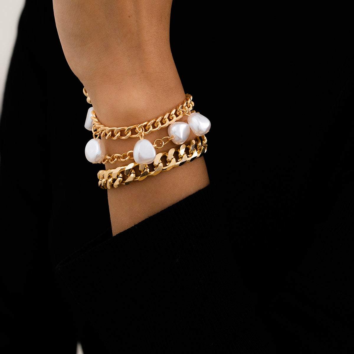 Baroque 3 Pieces Gold Silver Tone Irregular Pearl Tassel Rolo Curb Chain Bracelet Set - ArtGalleryZen