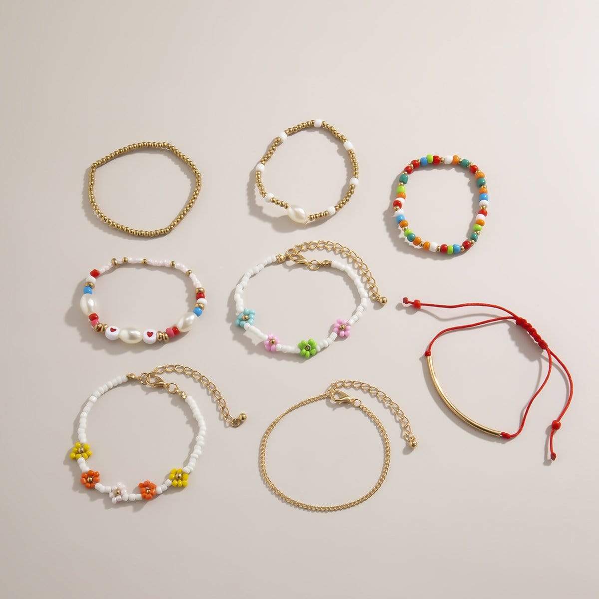Bohemia 8 pieces Colorful Seed Beaded Pearl Chain Floral Bracelet Set - ArtGalleryZen