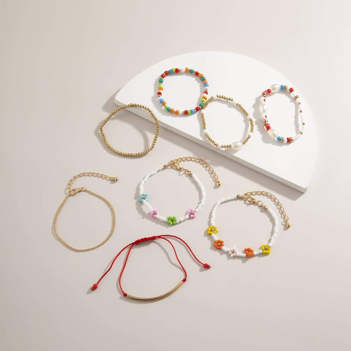 Bohemia 8 pieces Colorful Seed Beaded Pearl Chain Floral Bracelet Set - ArtGalleryZen