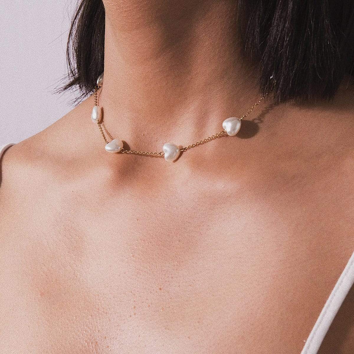 Bohemia Dainty Beaded Heart Shape Pearl Chain Choker Necklace - ArtGalleryZen