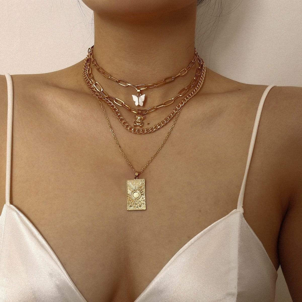 Bohemia Layered Gold Plated Curb Link Chain Bear & Butterfly Pendant Choker Necklace Set - ArtGalleryZen
