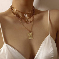 Thumbnail for Bohemia Layered Gold Plated Curb Link Chain Bear & Butterfly Pendant Choker Necklace Set - ArtGalleryZen