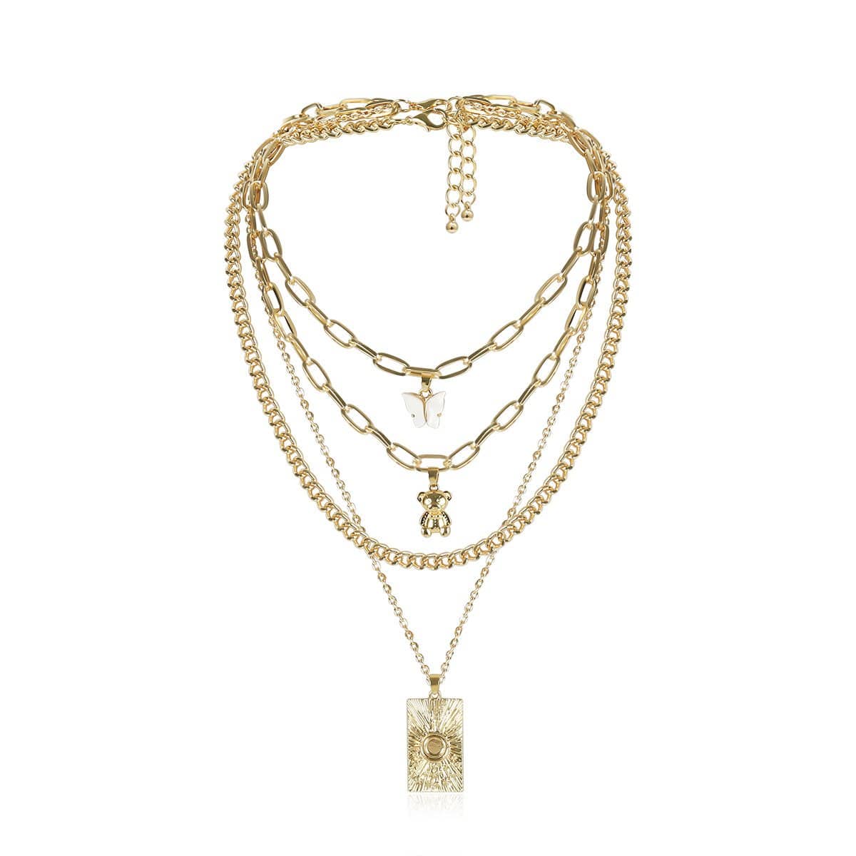 Bohemia Layered Gold Plated Curb Link Chain Bear & Butterfly Pendant Choker Necklace Set - ArtGalleryZen