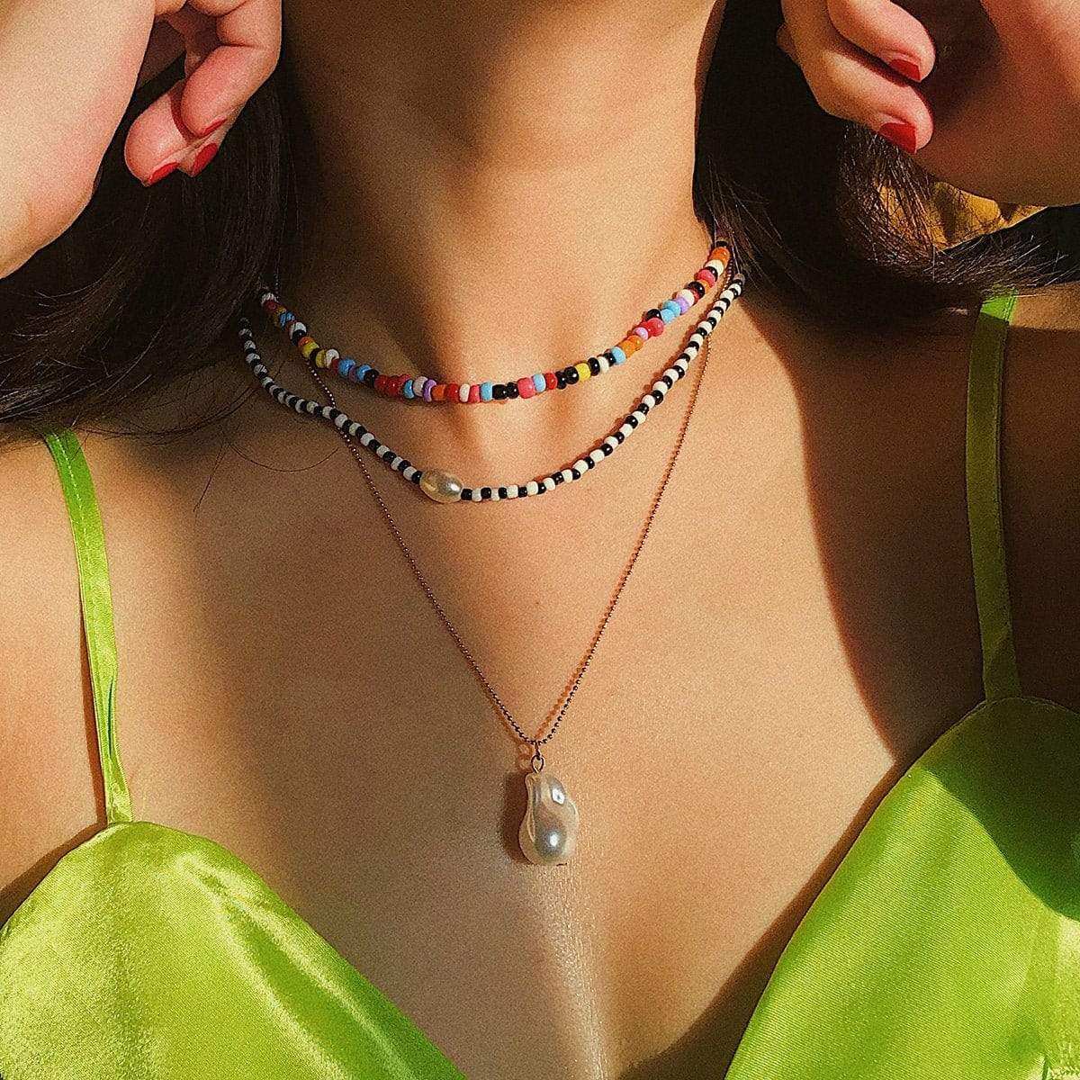 Bohemian Layered Pearl Pendant Beaded Chain Choker Necklace - ArtGalleryZen