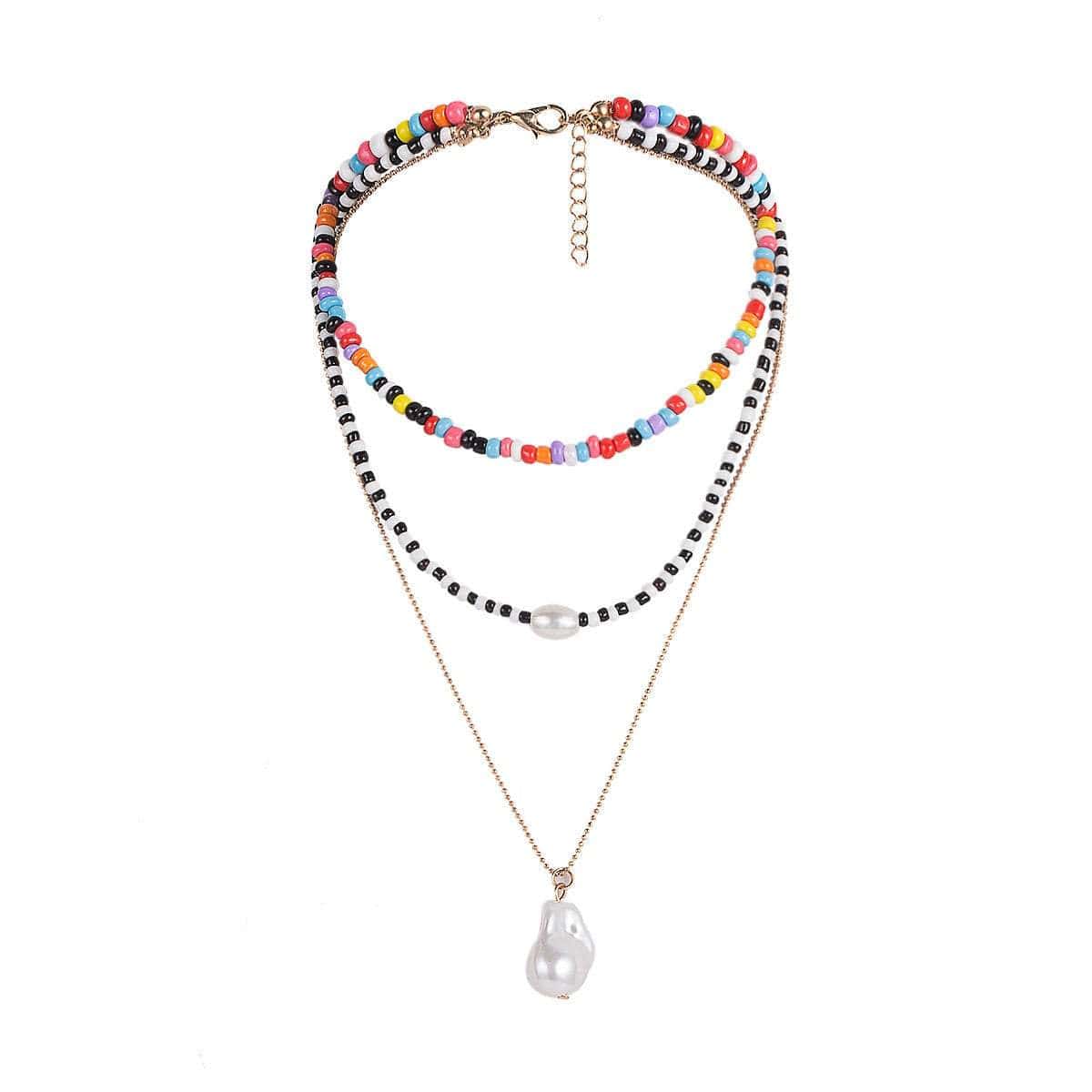 Bohemian Layered Pearl Pendant Beaded Chain Choker Necklace - ArtGalleryZen