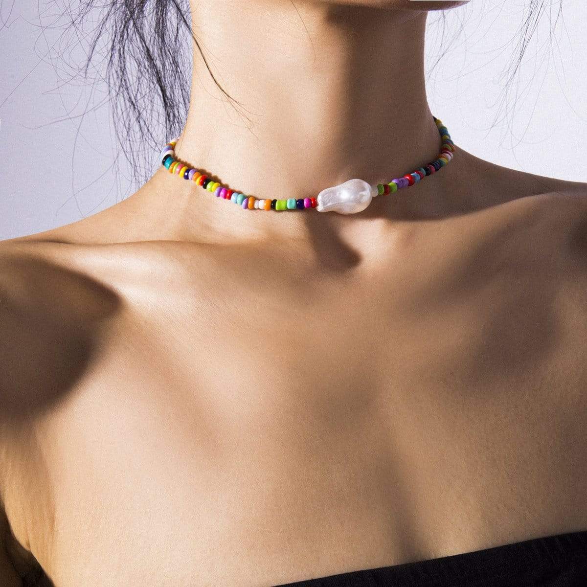 Bohemian Pearl Pendant Colorful Beaded Choker Necklace - ArtGalleryZen