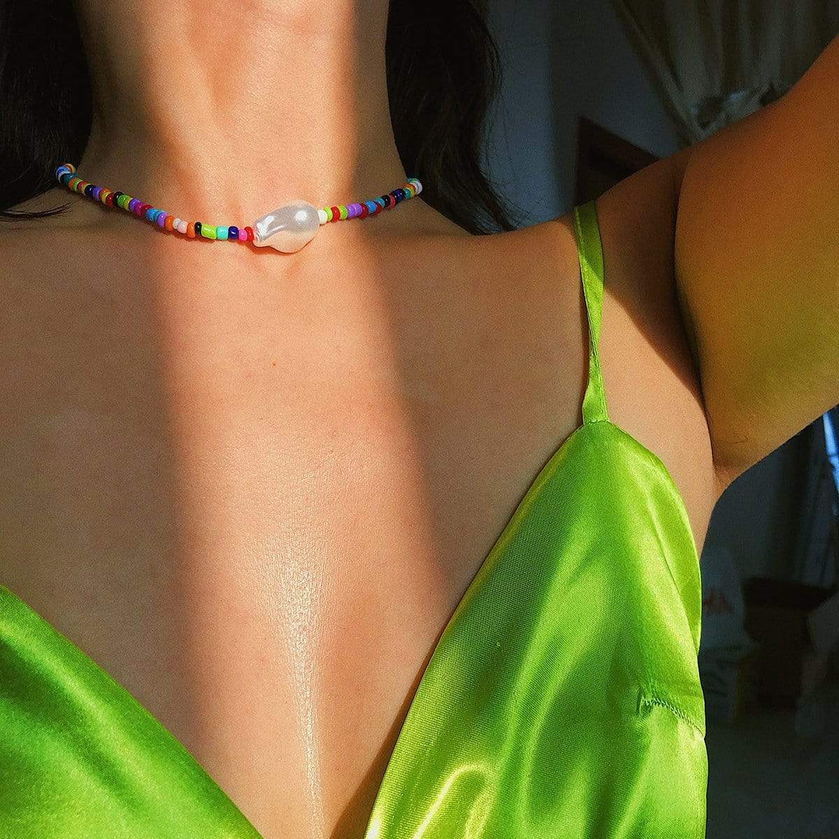 Bohemian Pearl Pendant Colorful Beaded Choker Necklace - ArtGalleryZen