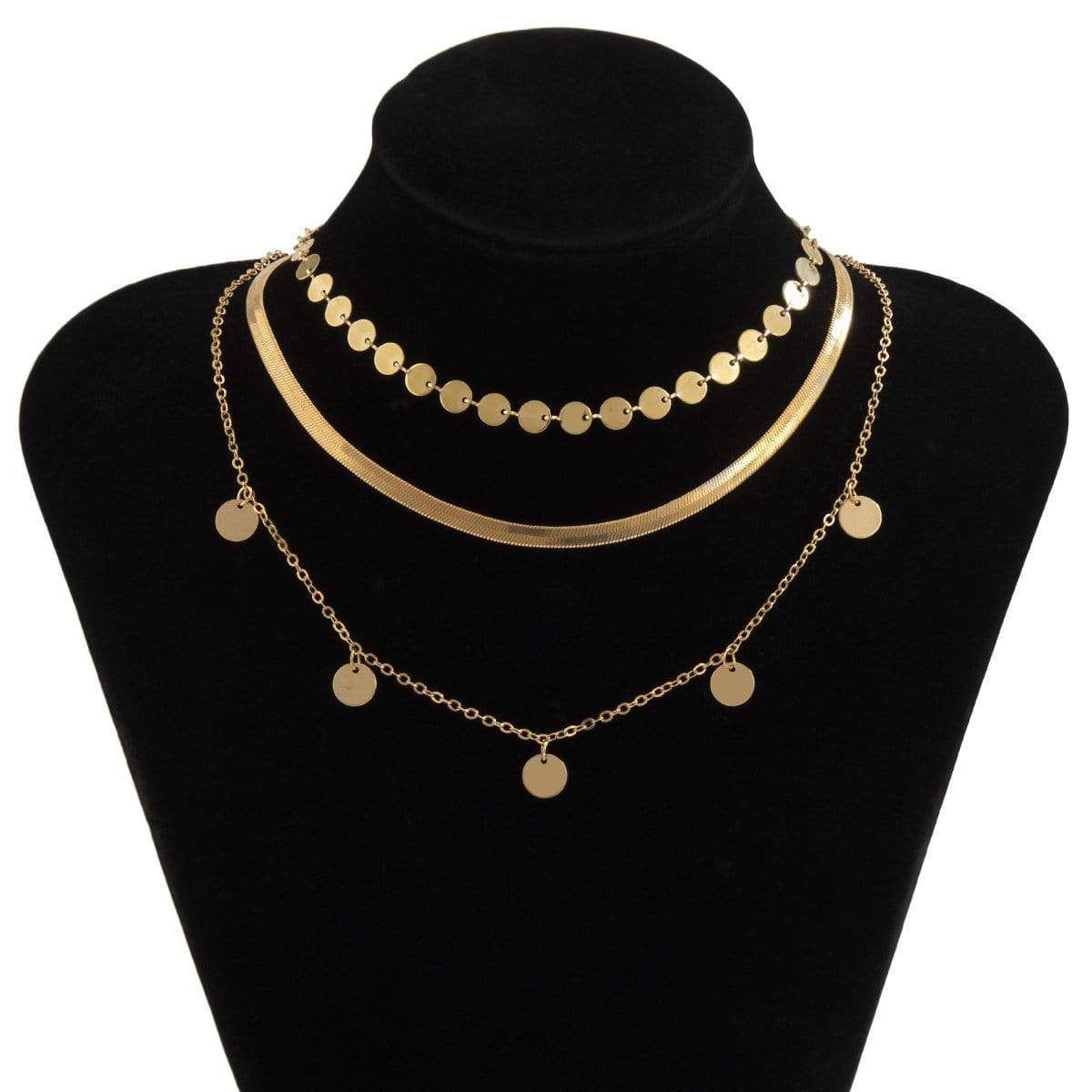 Boho 3 Pieces Gold Silver Tone Herringbone & Sequins Chain Choker Necklace Set - ArtGalleryZen
