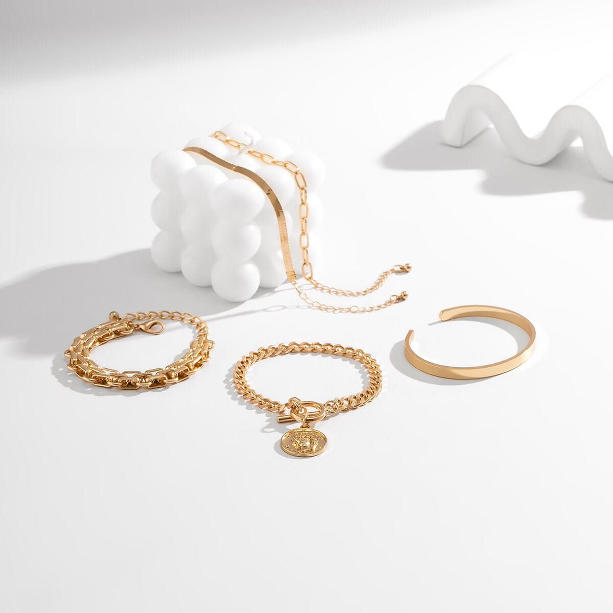 Boho 5 Pieces Toggle Clasp Herringbone Paperclip Cable Chain Bangle Bracelet Set - ArtGalleryZen