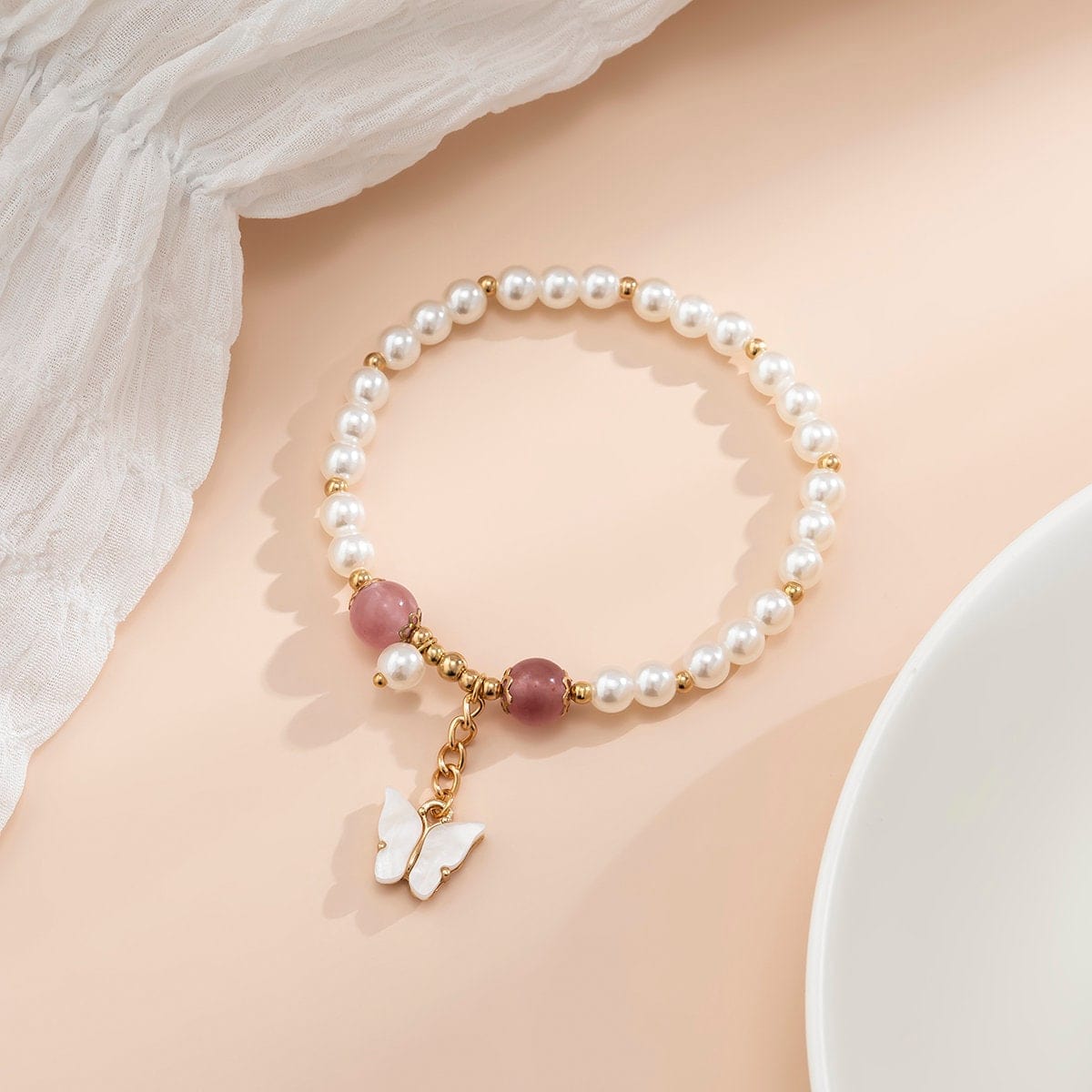 Boho Butterfly Charm Natural Crystal Pearl Chain Bracelet - ArtGalleryZen